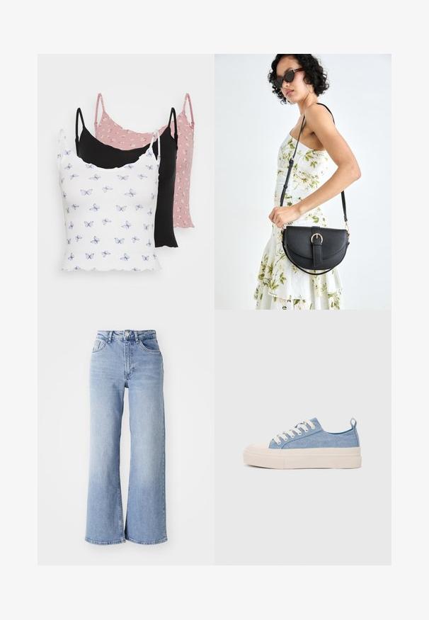 Trīs topi: balts ar zilu tauriņu rakstu, melns ar ribotiem audumiem un rozā ar ziedu rakstu. Visiem ir plānas siksniņas un viļņotas apakšmales.; Gai zilganzs augsta jostas platajām biksēm ar priekšējām un aizmugurējām kabatām, pogu aizdari un nelielu izbalējumu gurnos un apakšmalās.; Gaiši zili kanvas sneakeri ar krēmkrāsas gumijas pirksta aizsargu un ārējo zoli, aprīkoti ar baltām šņorēm un cilpu uz papēža.; Melnas ādas rokassoma ar izliekta formu, noņemamu siksnu un zelta aksesuāriem. Somai ir vāciņš ar sprādzes detaļu.