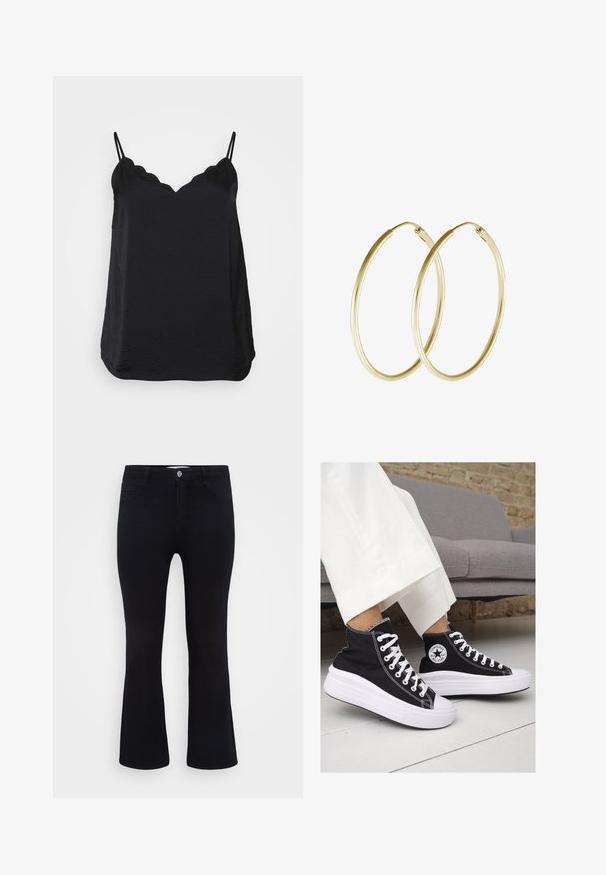 Černá tílko s tenkými nastavitelnými ramínky, výstřihem s vlnitým okrajem a hladkým, lehkým materiálem. Má uvolněný střih a zaoblený lem.; ONLY Carmakoma CARTHUNDER PUSH UP - Široké džíny - black denim; Černé vysoké plátěné tenisky s bílými gumovými podrážkami a tkaničkami. Na boku mají kulaté logo a kontrastní bílé švy.; Zlaté kruhové náušnice s hladkým, zaobleným designem a lesklým povrchem. Lehké provedení s bezpečným zapínáním.