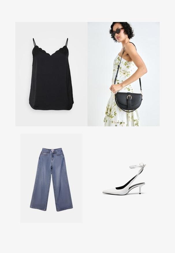 Black camisole with thin adjustable straps, scalloped neckline, and smooth, lightweight fabric. Features a relaxed silhouette and curved hem.; Wide-leg denim jeans in a light blue wash, featuring a high waist, front pockets, and a button closure with belt loops.; White pointed-toe slingback heels with a thin ankle strap. Smooth leather material, thin stiletto heel, and a black interior lining.; Black leather handbag with a curved shape, detachable strap, and gold hardware. The bag features a flap with a buckle detail.