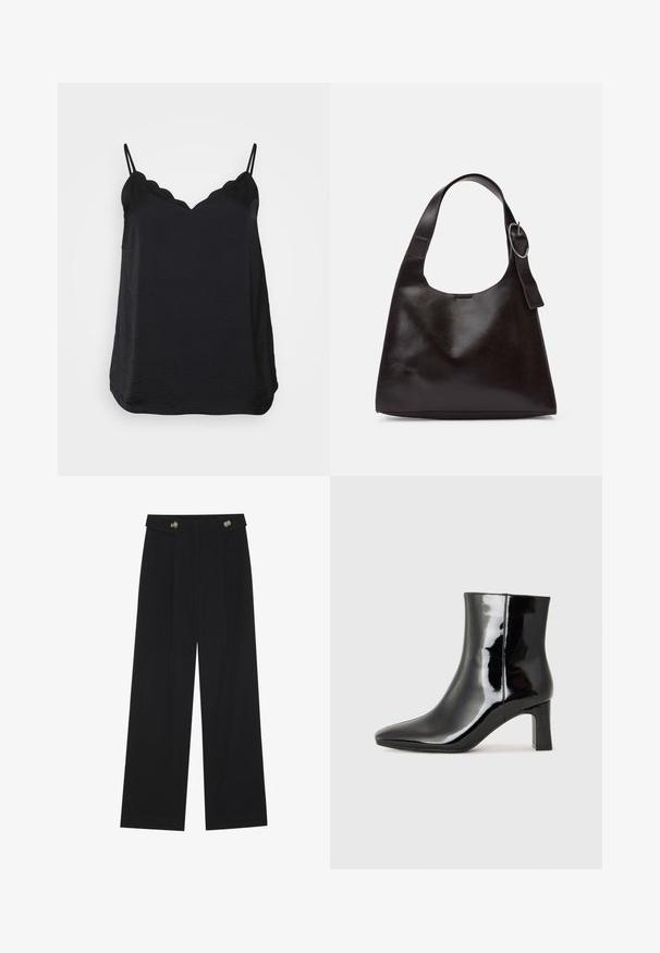 Camisola neagră cu bretele subțiri și ajustabile, decolteu zimțat și țesătură netedă, ușoară. Prezintă o siluetă relaxată și un tiv curbat.; Pantaloni negri cu picioare largi, talie înaltă, detalii cu butoane pe talie și pliseuri în față.; Botine negre din piele lacuită, cu vârful ascuțit și toc bloc de înălțime medie. Textură netedă și design minimalist.; Geantă de umăr din piele maro, cu o textură netedă, formă rotunjită, curea largă și un accent metallic circular pe mânere.