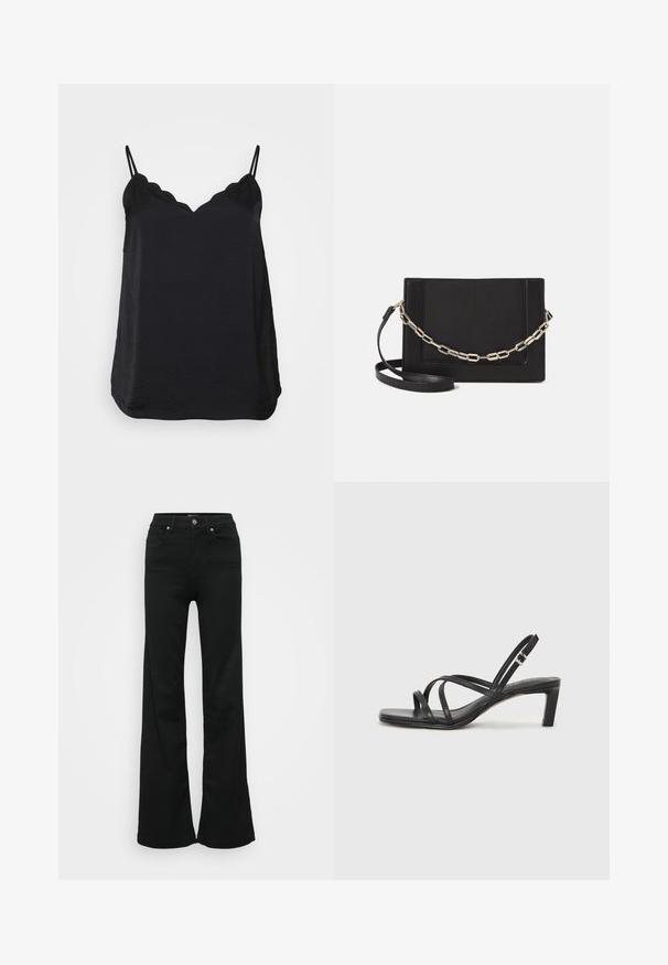 Black camisole with thin adjustable straps, scalloped neckline, and smooth, lightweight fabric. Features a relaxed silhouette and curved hem.; Black flared jeans made from denim, featuring a high waist, five pockets, and metal button closure. Smooth texture with minimal detailing.; Black strappy sandal with a square toe and a low block heel. Features multiple thin straps and an adjustable ankle strap. Made of smooth leather.; Black leather crossbody bag featuring a smooth texture, rectangular shape, and a metallic chain detail on the front. Adjustable strap included.