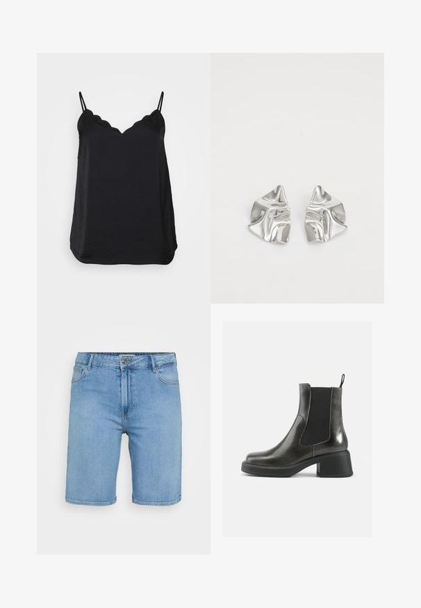 Mustka musta kampsun õhukeste reguleeritavate rihmadega, sakilise kaeluse ja sileda, kerge kangaga. Omab lõdvet siluetti ja kumerat äärt.; Heledad sinine teksade lühikesed püksid klassikalise lõikega, millel on ees nööp sulgemine, vöökonksud ja kaks külge taskut. Silusd tekstuur ja sirge äär.; Mustad musta nahast pahkluu saapad siledast viimistlusest, elastsete külgpanelidega ja jämeda kontsaga. Omavad tõmbenööri, et neid oleks lihtsam jalga panna.; Hõbedased metallkõrvarõngad lainelise, skulpturaalse disainiga, millel on poleeritud viimistlus ja ebaregulaarsed kujundid, rõhutades kaasaegset esteetikat.