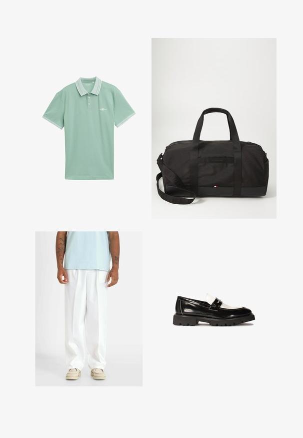 Polo de color verde claro fabricado en tejido suave, con un cuello clásico que presenta un ribete blanco en contraste y un pequeño logo en el pecho.; Pantalones anchos blancos con una textura suave, con pliegues frontales. Combinados con una blusa azul clara y zapatos beige.; Mocasines de charol negro con un acento de cuero blanco, suela de goma negra gruesa y detalles de costura. Textura suave con un acabado brillante.; Bolsa de deporte negra con tejido duradero, doble asa, correa desmontable, cierre de cremallera y un pequeño logo en la parte inferior.