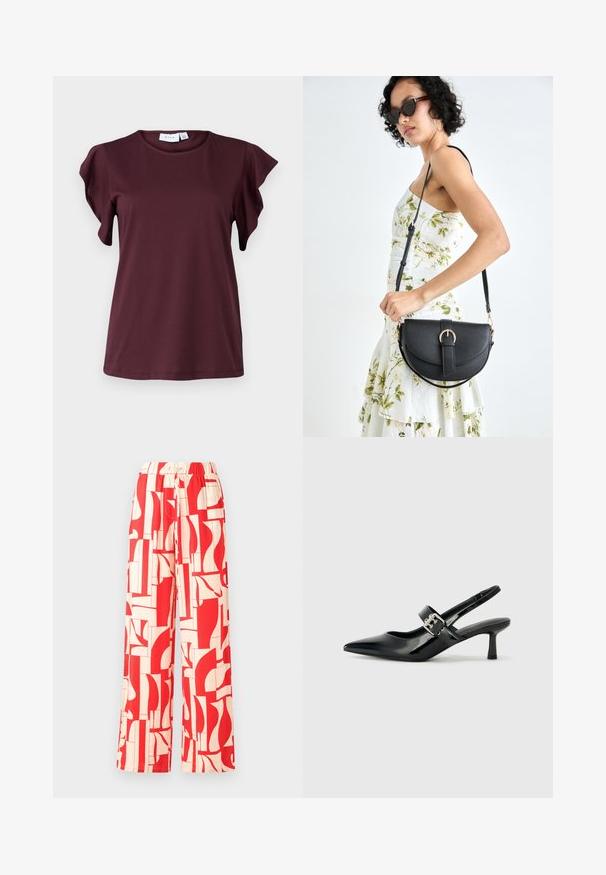Koszula z krótkim rękawem w głębokim burgundzie, wykonana z gładkiego materiału. Posiada falbany na rękawach oraz okrągły dekolt. Prosty, casualowy design.; Czerwone, wzorzyste spodnie o szerokich nogawkach z elastycznym paskiem, wykonane z lekkiego materiału z abstrakcyjnymi kształtami w kolorze czerwonym i kremowym.; Czarne lakierowane szpilki slingback z wąskim noskiem i małym słupkiem, z ozdobnym srebrnym klamrą na pasku.; Czarna skórzana torebka o zakrzywionym kształcie, z odpinanym paskiem i złotymi akcentami. Torebka posiada klapę z zapięciem w kształcie klamry.