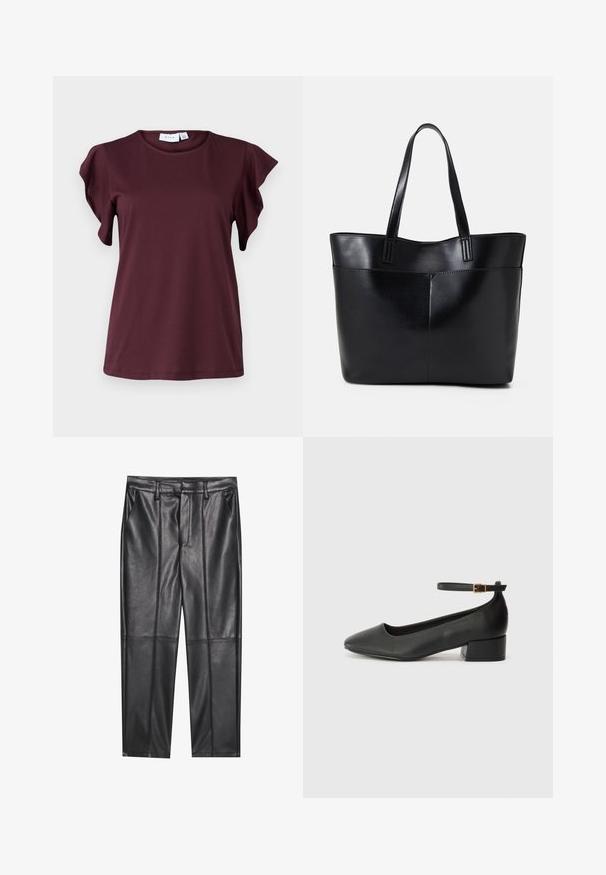 Short-sleeve shirt in deep burgundy, made of smooth fabric. Features ruffled sleeves and a round neckline. Simple, casual design.; Black leather trousers with a smooth texture, featuring a straight fit, two front pockets, and visible seam detailing.; Black leather pump with a pointed toe and a low block heel. Features an ankle strap with a gold-tone buckle. Smooth texture.; Black leather tote bag with two long handles, a smooth texture, and a structured shape. Features a front pocket for additional storage.