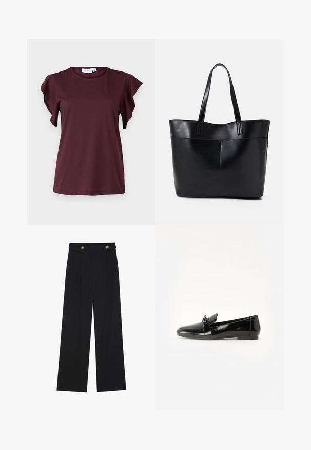 Kortermet skjorte i dyp burgunder, laget av glatt stoff. Har volangermet og rund hals. Enkel, uformell design.; Svart vide bukser med høy midje, knappdetaljer på midjebåndet og frontplisser.; Svart lakkert lærloafer med flat såle, rund tå og en dekorativ rem med gulltonet akzent. Glatt, blank overflate.; Svart lær toteveske med to lange håndtak, en glatt tekstur og en strukturert form. Har en frontlomme for ekstra oppbevaring.