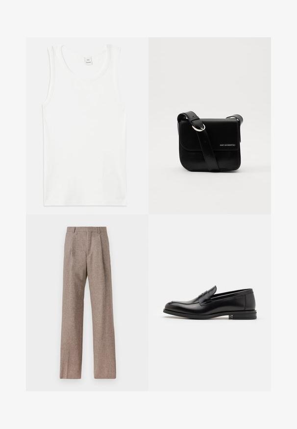 Fehér pamut trikó kerek nyakkivágással és ujjatlan kialakítással. Simaság jellemzi, egyenes vonalvezetésű, minta vagy díszítés nélkül.; Fehér, hosszú ujjú, gombos ing pamutból, mellzsebbel, tónusos hímzéssel, gallérral és gombos mandzsettával.; Barna, magas derekú nadrág texturált anyagból. Széles szárai és két elülső redője biztosítja a struktúrát. Ízléses kivitel, látható fémszerelés nélkül.; Fekete bőr loaferek sima textúrával, kerek orral és dekoratív pánttal a vampnál. Alacsony, rétegelt sarkú, minimalista dizájn.; WANT Les Essentiels ARCH CROSSBODY UNISEX - Keresztpántos táska - black