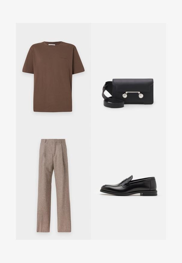 Brown cotton t-shirt with a round neckline, short sleeves, and a small logo printed on the front. Flat fabric texture, casual fit.; Brown, high-waisted trousers made of textured fabric. Features wide legs and two front pleats for structure. Neat finish with no visible hardware.; Black leather loafers with a smooth texture, rounded toe, and a decorative strap across the vamp. Low stacked heel, minimalist design.; Black leather crossbody bag with a flap closure, silver-tone hardware, and two round accents. Features a detachable strap. Smooth texture.