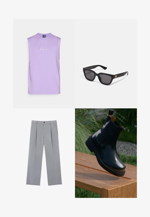 Fialové tílko bez rukávů, měkká bavlněná tkanina, kulatý výstřih, s vyšitým logem "Los Angeles Lakers" v bílé barvě na hrudi.; Šedé skládací kalhoty s volným střihem, vyrobené z lehkého materiálu. Obsahují přední kapsy a knoflíkovou uzávěrku v pase.; Černé kožené chelsea boty s hladkým povrchem, elastickými bočními panely, zaoblenou špičkou a silnou gumovou podrážkou, umístěné nad dřevěným povrchem.; Černé obdélníkové sluneční brýle s lesklým povrchem, tmavými skly a zlatými kovovými detaily na spáncích představujícími logo.