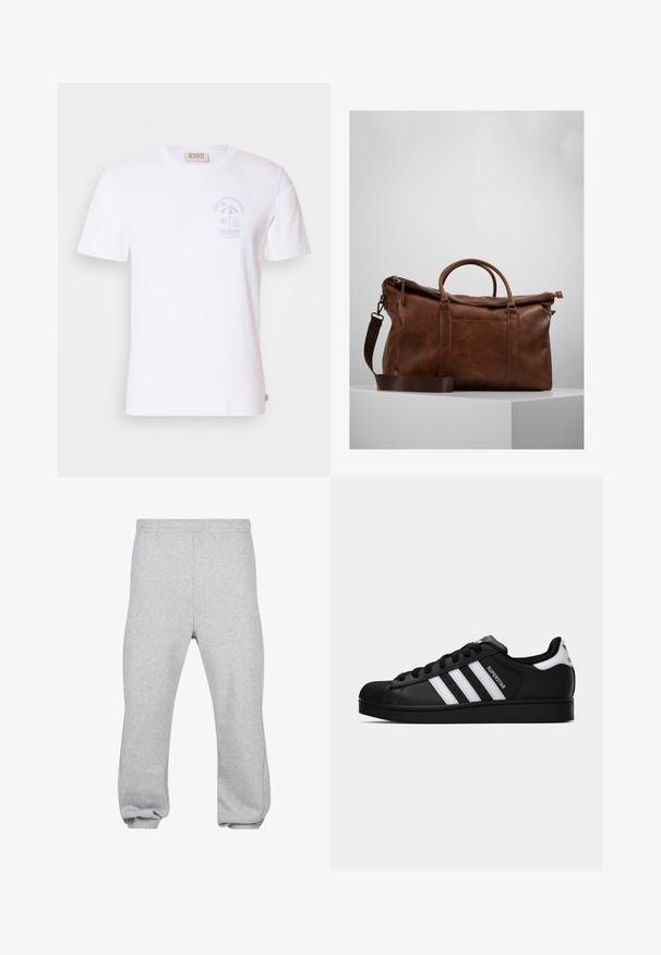 Hvid bomulds T-shirt med korte ærmer og rund halsudskæring. Har et lyseblåt grafisk tryk af en strandscene på venstre bryst.; Grå sweatpants lavet af bomuldsblanding, med elastisk talje, tapered ben og manchetter. Enkel design uden mønstre.; Sort Adidas Superstar sneaker med hvide striber, skaletå og "Superstar"-tekst på siden, vist i sideprofil på hvid baggrund.; Brun læder gymtaske med lynlåslukning, dobbelte håndtag, justerbar skulderrem og synlige teksturmønstre på overfladen.
