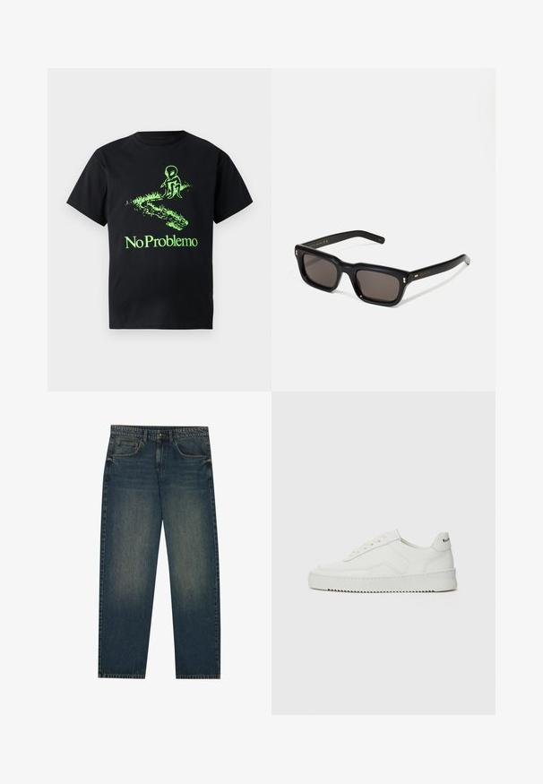 Svart bomulls-t-shirt med en grön utomjordinggrafik och texten "No Problemo", i avslappnad passform och korta ärmar.; Mörkblå denimjeans med rak modell, femfickorsdesign och en lätt blekt textur på benen. Lämpliga för avslappnad användning.; Vita lädersneakers med en jämn yta, rund tå, platta snörningar och en strukturerad sula. Har en diskret logotyp på hälen.; Svarta rektangulära solglasögon med mörka linser, tjock plastbåge, guldfinish på skalmarna och varumärkeslogotyp graverad på armen.