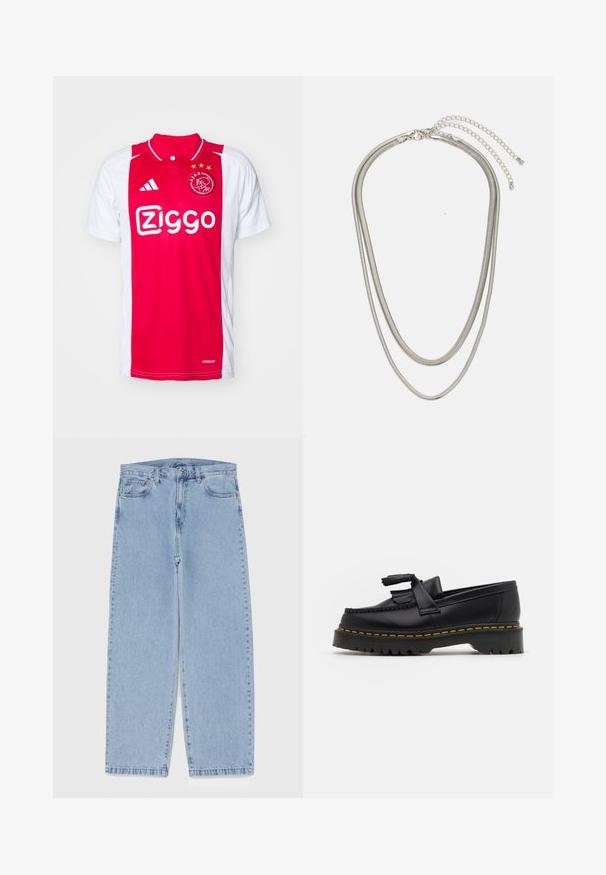 Rotes und weißes Fußballtrikot mit Kragen, das ein Zickzackdesign aufweist und das Logo "Ziggo" in Weiß prominent zeigt. Drei goldene Sterne über dem Logo.; Hellblaue Jeans aus Denim mit geradem Bein, ausgestattet mit einer mittelhohen Taille, fünf Taschen sowie einem Knopf- und Reißverschluss.; Schwarze Lederloafers mit einem fransenverzierten Akzent, ausgestattet mit einer robusten schwarzen Sohle und gelber Naht entlang der Kante. Texturierte Oberfläche.; Dreischichtige Halskette aus Silbermetall mit schlanken, flexiblen Ketten mit leichtem Glanz, gesichert mit einem Karabinerverschluss und verstellbarer Kette.