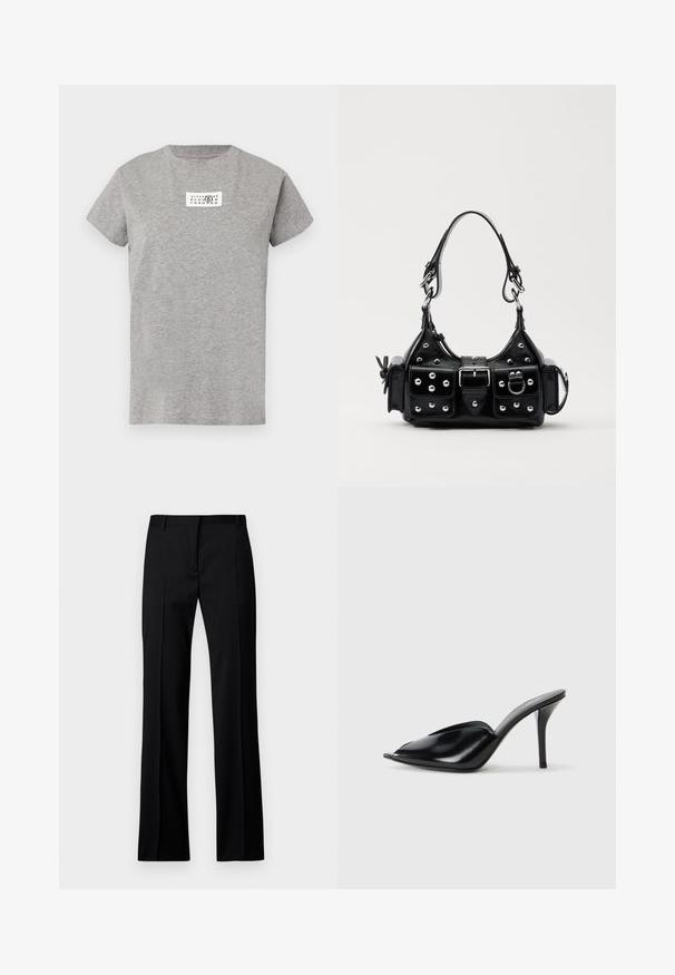 Hall hallist puuvillast lühikeste varrukatega T-särk ümmarguse kaelusega. Rindkerel on valge ristkülikukujuline graafika numbriliste mustritega.; Mustad sirgedestikuga püksid sileda materjaliga, millel on lame eesmine osa, vöörihmade aasad ning nähtamatud taskud või dekoratiivsed elemendid.; Mustad nahast kõrge kontsaga mulad avatud varbaga, terava disainiga, siledapinnalised ja kitsaste stilettokontsadega.; Must värvi nahast käekott, millel on kaarjas disain, hõbedased nupukesed, kinnitusahe ja kaks külgtaskut. Reguleeritav rihm erinevate kandmisvõimaluste jaoks.