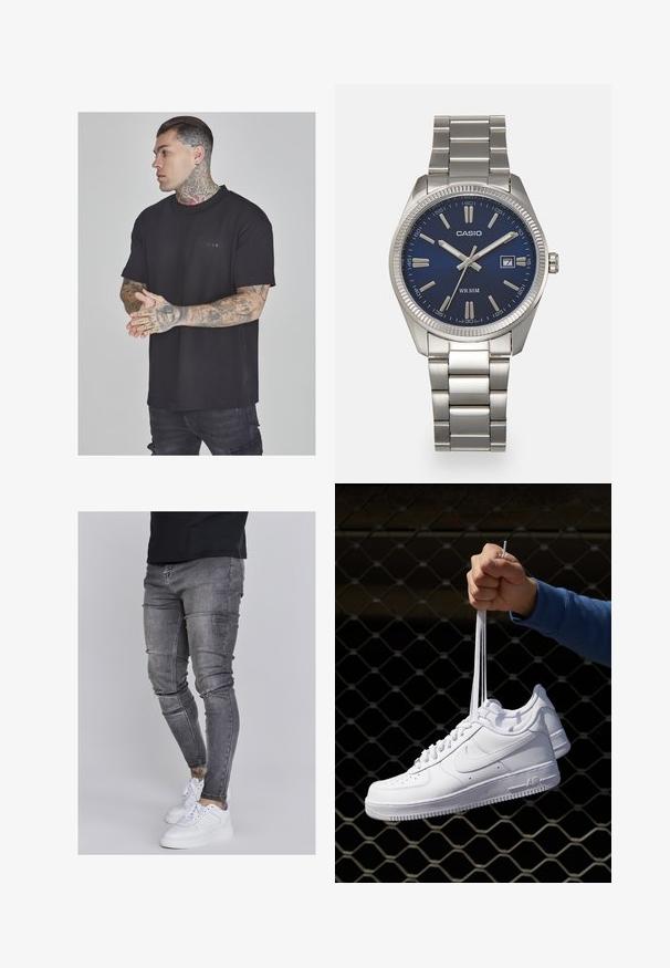 Melna kokvilnas T-krekls ar īsām piedurknēm, apaļa kakla izgriezums un neliela logotipa detaļa uz krūtīm. Gluda tekstūra un brīva piegriezums.; Tievās džinsās bālganā pelēkā denimā, kas izceļas ar nolietotām detaļām pie ceļgaliem, apvienotas ar baltām kedām. Gluda tekstūra, šaurs piegriezums.; Baltas ādas sporta apavi ar perforācijām, apaļu purngali, plakanu zoli un biezām šņorēm, ar redzamu swoosh logo un vārdu "AIR" uz papēža.; Sudraba nerūsējošā tērauda rokas pulkstenis ar tumši zilu ciparnīcu, metalizētiem stundu rādītājiem un datuma logu pie pulksten 3. Ūdensizturīgs līdz 50 metriem.