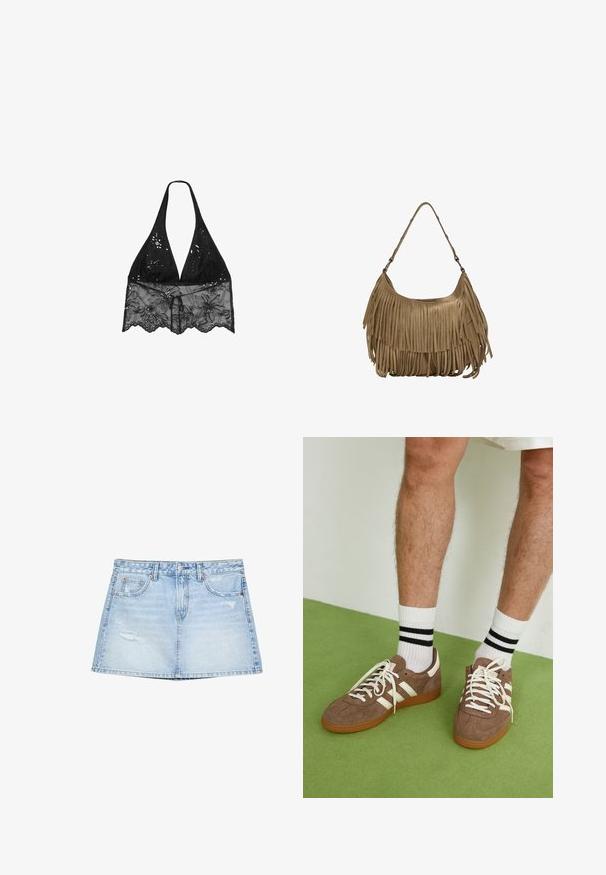 Stradivarius HALTER WITH EMBROIDERY - Blúzka - black; Svetlomodrá džínsová sukňa s rovnýcm strihom, prednými vreckami a poškodenými detailmi. Ukončená zapínaním na gombík a zips.; Hnedé zamatové tenisky s bielymi akcentmi a šnúrkami. Gumová podrážka. Nosené s bielymi ponožkami so čiernymi pruhmi. Zelená textúrovaná podlaha.; Hnedá zamková kabelka s dlhými strapcami, zakriveným tvarom a jedným ramenným popruhom. Má hladký, textúrovaný povrch.