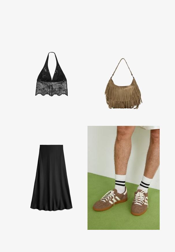 Stradivarius HALTER WITH EMBROIDERY - Camicetta - black; Gonna nera a linea ad A in raso con una texture liscia, lunghezza al ginocchio, caratterizzata da un design semplice e pulito senza decorazioni o motivi.; Sneaker in suede marrone con dettagli e lacci bianchi. Suola in gomma color gomma. Indossati con calzini bianchi con righe nere. Pavimento verde texturizzato.; Borsa a tracolla in suede marrone con lunghi dettagli in frange, forma curva e una singola tracolla. Presenta una superficie liscia e testurizzata.