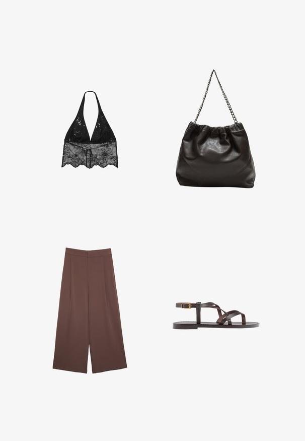 Stradivarius HALTER WITH EMBROIDERY - Blus - black; Bruna vida byxor med en slät textur, som har hög midja och framfickor. Tyget är lätt och flödar löst.; Bruna lädersandaler med korsade remmar, spänne runt vristen och en platt sula med minimala sömnadsdetaljer.; Brun läderväska med rynkad topp och kedjesnodd. Slät textur med en blankslipad yta och subtila sömdetaljer på sidorna.