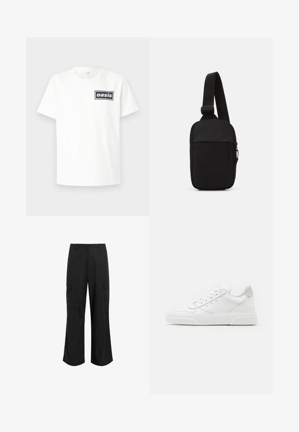 Weißes Baumwoll-T-Shirt mit einem schwarzen rechteckigen Logo, auf dem das Wort "oasis" zentriert ist. Kurze Ärmel und ein klassischer Rundhalsausschnitt.; Schwarze Cargo-Hose aus leichtem Stoff, mit entspannter Passform, zwei großen Seitentaschen und Knopfverschluss.; Weiße Leder-Sneaker mit glatter Oberfläche, rundem Zehenbereich, flachen Schnürsenkeln und strukturiertem Schuhsohlen. Graues Wildleder-Detail an der Ferse.; Schwarze Umhängetasche aus robustem Gewebe, mit einem verstellbaren Tragegurt, einem Reißverschluss-Hauptfach und einer Fronttasche.