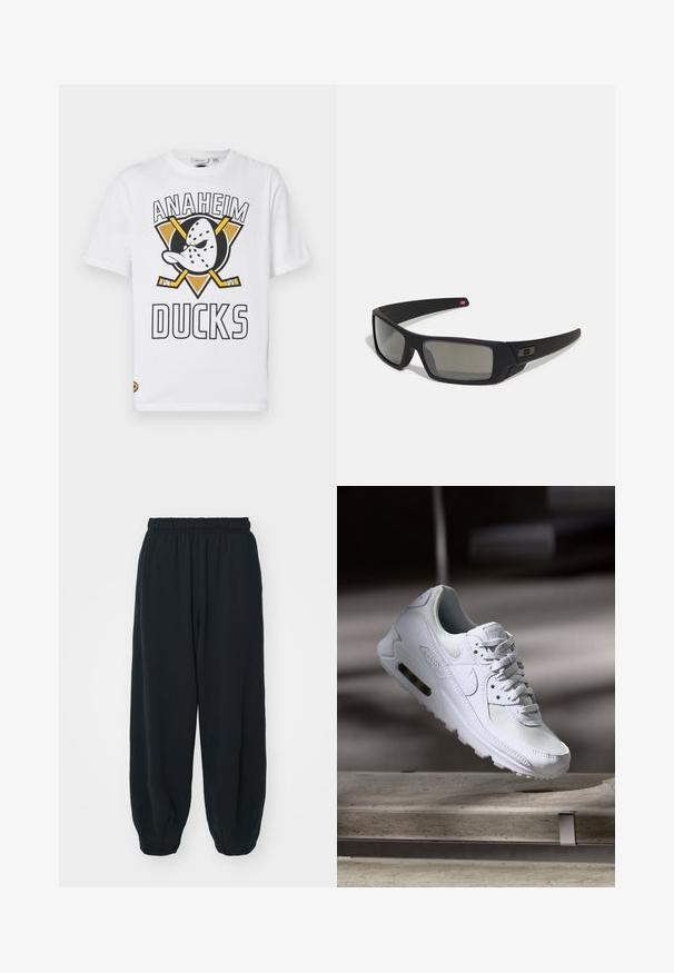 Valge puuvillane T-särk, millel on tekst "ANAHEIM DUCKS" ja graafiline kujutis partide maskist, kollaste ja mustade aktsentidega. Ümar kaelused.; Mustade elastse vöökoha ja laia lõikega dressipüksid, mansetiga sääred, sile tekstuur ning ilma nähtavate mustrite või detailideta.; Valged Nike Air Max 90 sneakers, millel on võrkkangast ja nahast ülemine osa, aukudega varbadosa ning nähtav õhuüksus kandades.; Mustad mustaga viimistlusega prillid, ristkülikukujulised läätsed, templite kerge kõverus, diskreetne logo detail ja suitsutatud läätsed.
