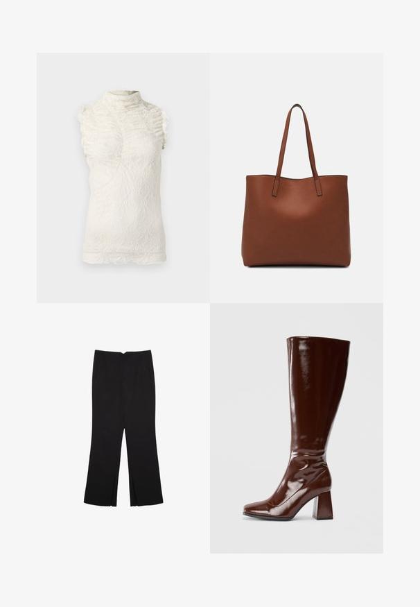 Koronkowy bezrękawnik w kremowym kolorze z wysokim kołnierzem, z falbankami i skomplikowanym wypukłym wzorem przez całą powierzchnię.; Czarne spodnie o prostym kroju, z przednimi kieszeniami i bocznymi rozcięciami na dole. Wykonane z miękkiego, gładkiego materiału. Odpowiednie na różne okazje.; Brązowe, lakierowane botki do kolan z kwadratowym noskiem, błyszczącym wykończeniem i masywnym obcasem dla lepszej stabilności. Bezszwowy design bez widocznych detali.; Brązowa skórzana torba tote o gładkiej fakturze, z otwartym wierzchem i dwoma ramiączkami. Charakteryzuje się minimalnym przeszyciem i brakiem widocznych elementów metalowych.