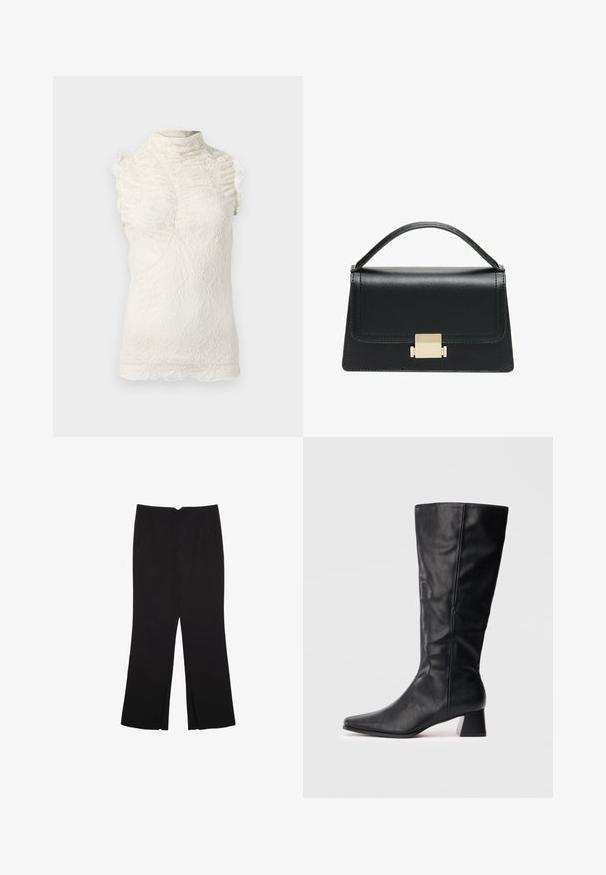 Top senza maniche in pizzo color crema con collo alto, caratterizzato da dettagli arricciati e un intricato motivo testurizzato su tutta la superficie.; Pantaloni neri a gamba dritta, con tasche frontali e spacchi laterali all'orlo. Realizzati in tessuto morbido e liscio. Adatti a diverse occasioni.; Stivale in pelle nero a metà polpaccio con punta affusolata e tacco quadrato su sfondo chiaro uniforme.; Borsa a tracolla in pelle nera con design strutturato, manico superiore e dettaglio in metallo dorato sulla parte frontale. Texture liscia, cuciture minime.