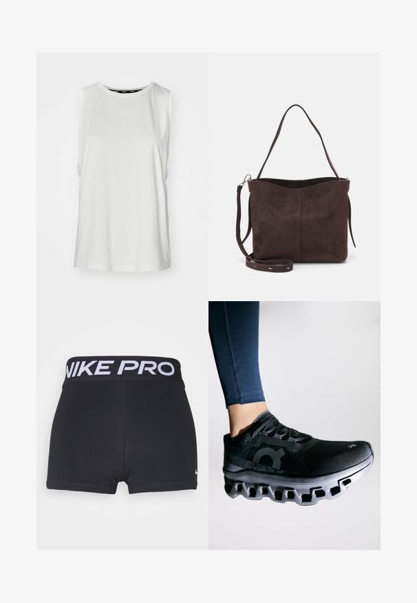 Witte mouwloze top van gladde stof, met een ronde hals, een ontspannen pasvorm en een rechte onderrand. Geen zichtbare patronen of versieringen.; Zwarte sportshorts met een brede, zwarte tailleband waarop "NIKE PRO" in het wit staat. Glad, rekbaar materiaal en afwerkingen van de zoom zijn zichtbaar.; Zwarte hardloopschoen met een gestructureerde bovenkant en een opvallende tussenzool met een uniek segmentontwerp. Geaccentueerd met een logo aan de zijkant.; Bruine suède schoudertas met een zachte textuur, voorzien van een enkele schouderband en een subtiele, gebogen bovenopening. Geen zichtbare hardwaredetails.