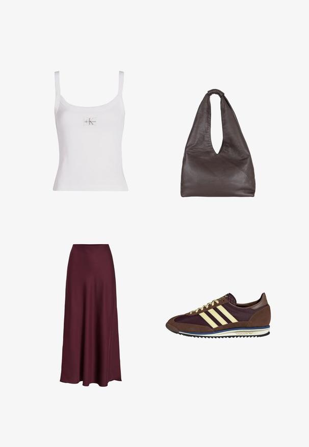 Calvin Klein Jeans Toppi - bright white; Burgundy satiini maksihame, jossa on sileä tekstiili, korkea vyötärö ja virtaava siluetti, joka laajenee lempeästi helmaan.; Ruskea ja burgundin värinen lenkkari, jossa on yksityiskohtina mokkaa ja verkkomateriaalia, kolmea kermaista raitaa, tekstuuripinta kielekkeessä ja kumipohja.; Ruskea nahkabag, jossa on roikkumaiseen ja ylisuureen tyyliin. Varustettu silmukkakahvalla ja syvällä V-leikkausaukolla helppoa pääsyä varten. Pehmeä rakenne, minimalistinen tyyli.