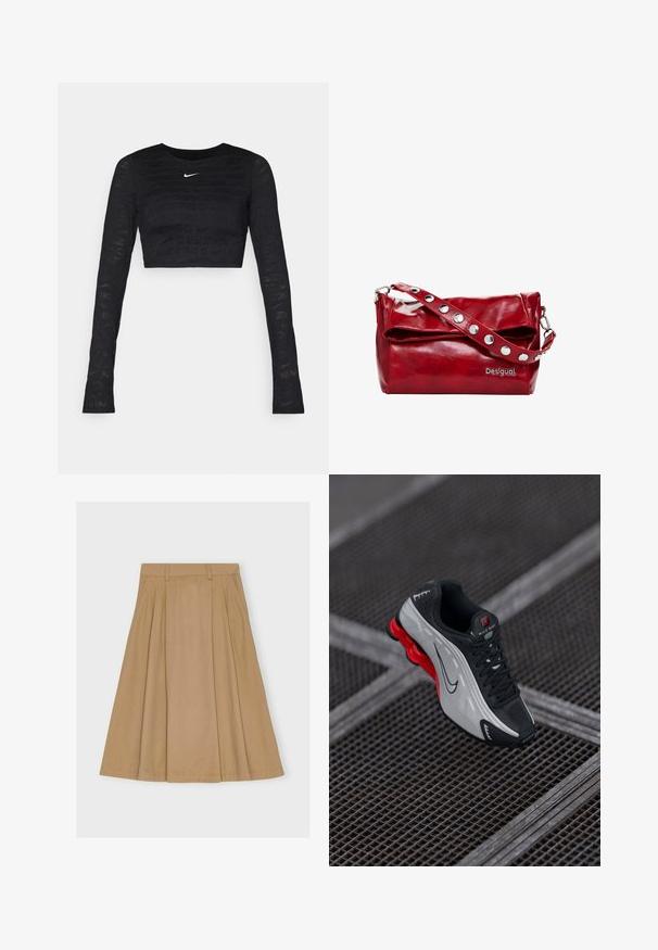 Sort langærmet cropped top med et tekstureret mønster af Nike-logoet, med rund hals og glat stof.; Knælang, plisseret nederdel i lysebrunt bomuld med en tætsiddende talje med bæltesløjfer og en lige kant.; Sort og grå atletisk sko med rød polstret sål, sorte snørebånd og swoosh-logo hvilende på metalgitteroverflade.; Rød syntetisk læder skuldertaske med en fold-over flap, sølvfarvede trykknapdetaljer på remmen og et trykt "Desigual" logo.