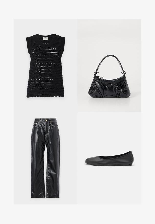 Must mustriga ilma varrukateta topp, millel on tekstuuriga avatud kudumine, ümmargune kaelus ja laineline äär. Valmistatud hingavast materjalist.; Mustad kunstnahk püksid laia sääre lõikega, valgete õmblustega, esi-taskutega ning kuldse nupuga vöökoha juures.; Musthave mustika tantsutossud mustast nahast, ümmarguse varbaga, siledast tekstuurist, minimaalse õmblusdetailiga ja paindliku tallakujundusega.; Musta kott, mis on valmistatud tekstureeritud nahast ja omab ümarat kuju. Sellel on õhuke õlarihm ja dekoratiivsed reljeefmustrit.