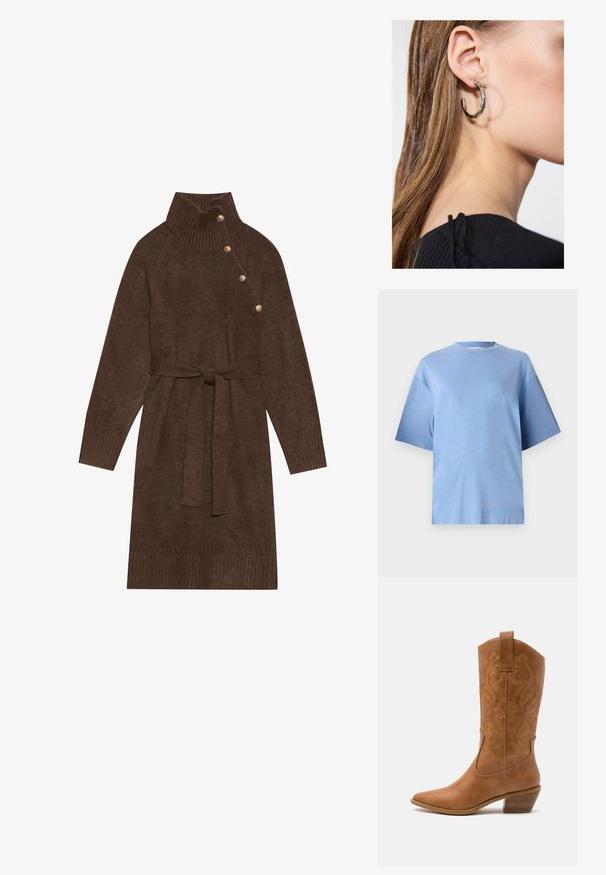 Light blue cotton t-shirt with a round neck, short sleeves, and a relaxed fit. Features a smooth texture and a straight hem.; Brown knitted sweater dress with a high ribbed collar, side buttons, and a matching fabric belt. Ribbed cuffs and hem add texture.; Tan leather cowboy boot with pointed toe, embroidered swirl patterns on shaft, and a stacked block heel. Features a pull tab for easy wear.; Silver hoop earring with a polished finish, featuring small gold accent details and a round shape, worn on the lobe.