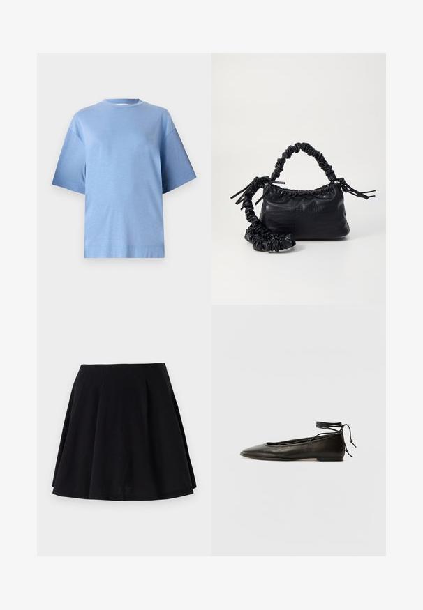 Gaiši zils kokvilnas T-krekls ar apaļu kaklu, īsām piedurknēm un brīvu piegriezumu. Tam ir gluda tekstūra un taisna apakšmala.; Melna kokvilnas svārki ar izplūdušu siluetu, ar plecušiem jostas apvidū un gludu tekstūru. Piemēroti ikdienas valkāšanai.; Melnas ādas baleta kurpes ar smailu purngalu, potītes saitēm un plakanu zoli, kas izceļas ar gludu tekstūru un minimālistisku dizainu.; Melnā mākslīgās ādas rokassoma ar krokodila rakstu, savilkta augšdaļa un saburzīta siksna. Izskatās mīksta un kompakta pēc dizaina.