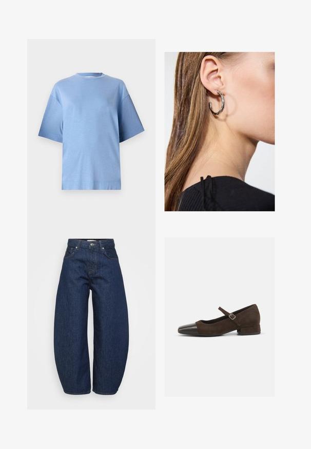 Light blue cotton t-shirt with a round neck, short sleeves, and a relaxed fit. Features a smooth texture and a straight hem.; Dark blue denim jeans with a wide, relaxed fit. Features a zip fly, four pockets, and contrasting stitching along seams.; Brown suede Mary Jane shoe with a black patent leather toe cap, adjustable strap, and a low block heel. Smooth texture with minimal accents.; Silver hoop earring with a polished finish, featuring small gold accent details and a round shape, worn on the lobe.