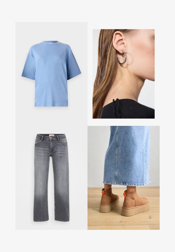 Jasnoniebieska bawełniana koszulka z okrągłym dekoltem, krótkimi rękawami i luźnym krojem. Posiada gładką teksturę i prosty dół.; Szare dżinsy o prostym kroju nogawki, z pięcioma kieszeniami, delikatnym wyblaknięciem i zapięciem na guzik w talii.; Brązowe zamszowe buty na platformie z elastycznymi bokami i pomarańczowymi uchwytami, w połączeniu z jasnoniebieską spódnicą do kolan na drewnianej podłodze.; Srebrny kolczyk w kształcie koła z polerowanym wykończeniem, z małymi złotymi akcentami, noszony na płatku ucha.