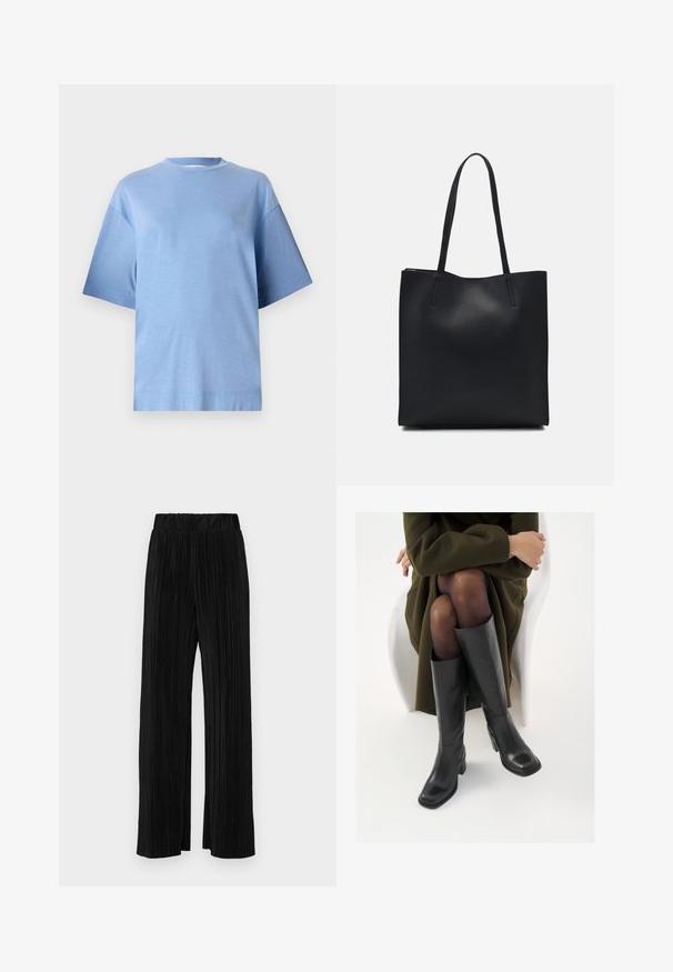 Světle modré bavlněné tričko s kulatým výstřihem, krátkými rukávy a volnějším střihem. Má hladkou strukturu a rovný lem.; Černé plisované kalhoty s elastickým pasem. Mají široké nohavice a hladkou, strukturovanou tkaninu s vertikálními pruhy.; Černé kožené boty po kolena s hranatou špičkou a blokovým podpatkem, předvedené na modelce sedící v olivově zeleném kabátu. Hladký povrch, minimalizované detaily.; Černá kožená taška přes rameno s hladkým povrchem, obdélníkovým tvarem a dvěma dlouhými uchy. Žádné viditelné kování ani ozdoby.