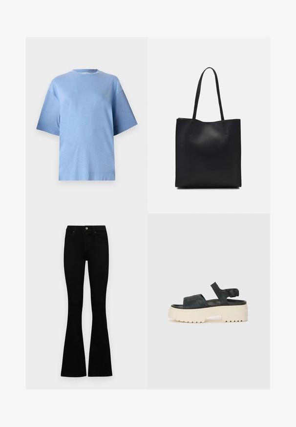 Svetlo modré bavlnené tričko s okrúhlym výstrihom, krátkymi rukávmi a voľným strihom. Má hladkú textúru a rovný lem.; Čierne vysoké nohavice s gombíkom a zipsom, predné vrecká a rozšírené nohavice položené na bielom pozadí.; Čierne zamšové platformové sandále s hrubou bielou podrážkou, širokým predným remienkom a nastaviteľným členkovým zapínaním. Textúrovaná podrážka pre lepšiu priľnavosť.; Čierna kožená taška na rameno s hladkým povrchom, obdĺžnikovým tvarom a dvoma dlhými uchami. Bez viditeľného kovania alebo ozdôb.