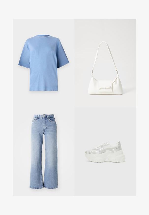 Light blue cotton t-shirt with a round neck, short sleeves, and a relaxed fit. Features a smooth texture and a straight hem.; Light blue high-waist wide-leg jeans with front and back pockets, button closure, and subtle fading on the thighs and hems.; Silver sneaker with a textured mesh upper and iridescent accents, featuring a chunky white sole and lace-up closure.; White synthetic handbag with a triangular shape, flat front flap and bow detail, adjustable strap, smooth texture, and minimalistic design.