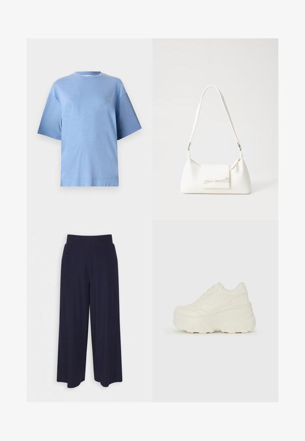 Svetlo modré bavlnené tričko s okrúhlym výstrihom, krátkymi rukávmi a voľným strihom. Má hladkú textúru a rovný lem.; Široké nohavice z tmavomodrej látky s ribbovanou textúrou. Obsahujú hladký pás a voľný siluetu, s dĺžkou po stred lýtok.; Biele platformové tenisky s hladkým koženkovým svrchným materiálom, zaobleným tvarom, polstrovaným golierom a textúrovanou gumovou podrážkou s výrazným vzorom.; Biela syntetická kabelka s trojuholníkovým tvarom, plochým predným klapkou a detailom mašle, nastaviteľným popruhom, hladkou textúrou a minimalistickým dizajnom.