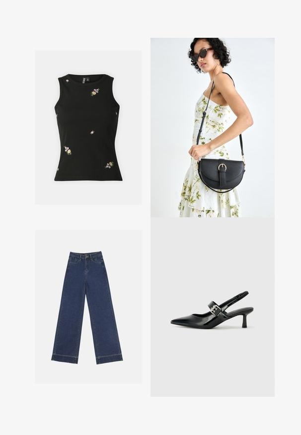 Black ribbed sleeveless top featuring multicolored floral embroidery. Rounded neckline and fitted design, suitable for casual wear.; Wide-leg jeans in dark blue denim. Features five pockets, belt loops, and a raw hem at the bottom with visible stitching details.; Black patent leather slingback heels with a pointed toe and a small block heel, featuring a silver buckle accent on the strap.; Black leather handbag with a curved shape, detachable strap, and gold hardware. The bag features a flap with a buckle detail.