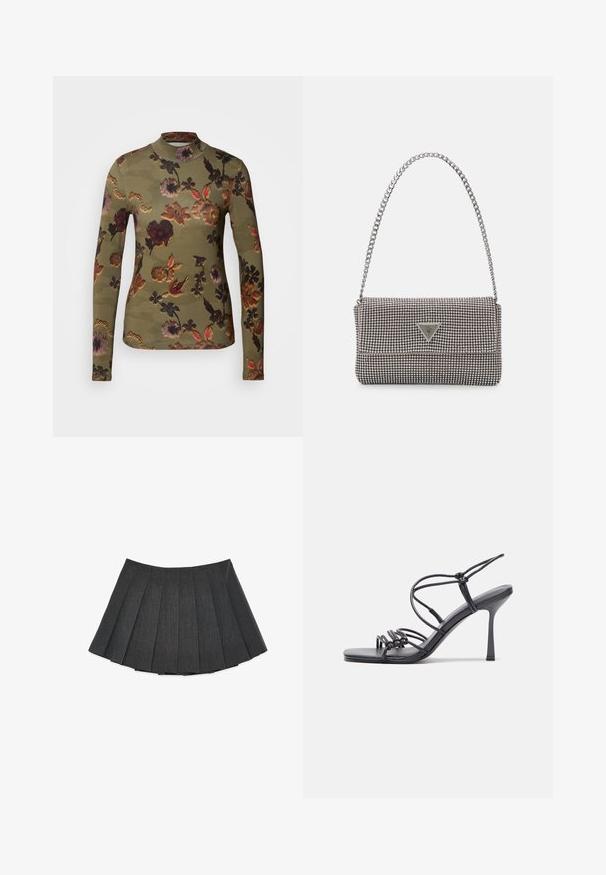 Scotch & Soda LONG SLEEVE - Majica z dolgimi rokavi - khaki; Plisirana krila v temno sivi barvi, izdelana iz teksturirane tkanine. Ima razširjeno silhueto z enakomerno razporejenimi plisiranji in ravnim pasom.; Črne visoke sandale na peto imajo tanke naramnice z vozlom, gladek kvadratni toe in eleganten stiletto peto.; Svetlo siva kovinska torbica z verižnim ročajem, okrašena z majhnimi okroglimi kovinskimi bleščicami in trikotnim logotipom blagovne znamke.; Srebrne uhančke v obliki obroča z gladko, sijočo površino, ukrivljene oblike in zapiranjem na zatič. Minimalistična zasnova z modernim zaključkom.