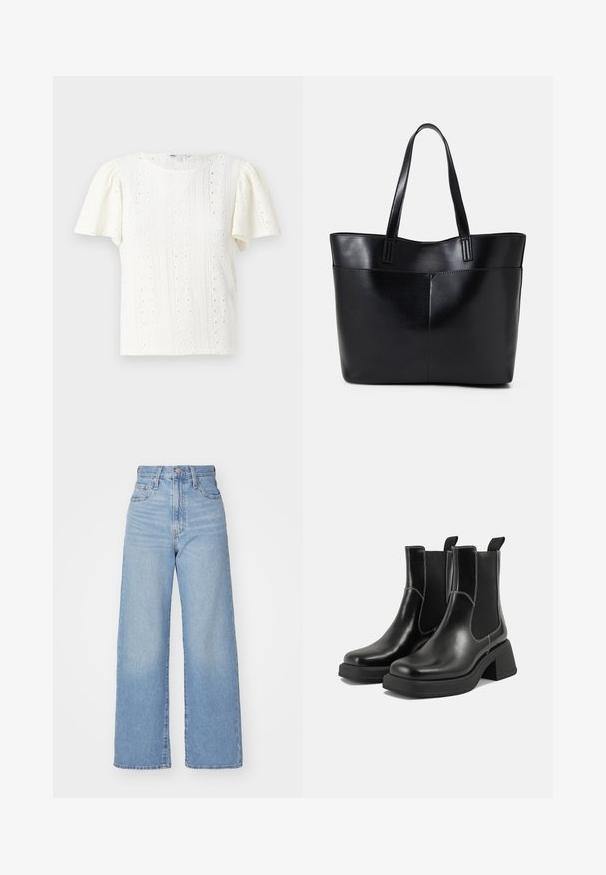 T-shirt bianco a maniche corte con un motivo a maglia testurizzata, dettagli a occhio di pernice e sottili righe orizzontali. Collo tondo.; Jeans a vita alta blu chiaro con gamba larga, chiusura frontale con bottone e zip, tasche anteriori e posteriori, su uno sfondo bianco.; Stivali Chelsea in pelle nera con tacco spesso, pannelli elasticizzati sui lati e cuciture bianche a contrasto. Finitura testurizzata.; Borsa a tracolla in pelle nera con due manici lunghi, una texture liscia e una forma strutturata. Presenta una tasca frontale per ulteriore spazio di archiviazione.