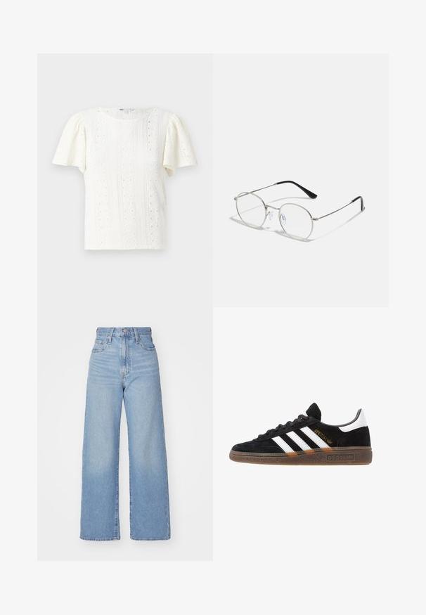 Balta trumpų rankovių marškinėliai su tekstūruotu trikotažo modeliu, akies detalėmis ir subtiliomis horizontaliosiomis juostelėmis. Apskritas iškirpimas.; Šviesiai mėlynos aukšto liemens plačios kojos džinsai su priekiniais užtrauktukais ir sagom, priekinėmis ir galinėmis kišenėmis, ant baltos fono.; Juodos Adidas sportbačiai su baltais dryžiais, auksiniu „Spezial“ užrašu, guminėmis padais ir balta kulno juostele, rodomi šoninio vaizdo.; Apvalūs metaliniai akinių rėmeliai su plonu sidabriniu rėmu, skaidriais lęšiais ir juodomis šakutėmis, turinčiomis guminį antgalius patogumui. Minimalistinis dizainas.; Rudos pintos odinės rankinės su dviem rankenomis, struktūrine forma ir tekstūruotu paviršiumi, kuriame yra deimantiniai raštai.