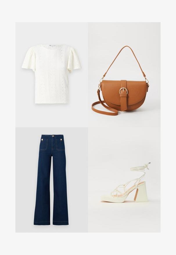 T-shirt blanc à manches courtes présentant un motif en tricot texturé avec des détails en œillets et de délicates rayures horizontales. Encolure ronde.; Jeans larges bleu foncé à taille haute, avec des accents de boutons dorés, deux poches à l'avant et à l'arrière, et des coutures contrastantes. Tissu en denim texturé.; Sandale blanche à talons hauts avec un talon épais, présentant un design à lanières et un lien autour de la cheville. Texture lisse avec une plateforme à l'avant pour une hauteur supplémentaire.; Sac bandoulière en cuir marron avec une forme incurvée, quincaillerie dorée et un accent en boucle. Comprend une bandoulière détachable.