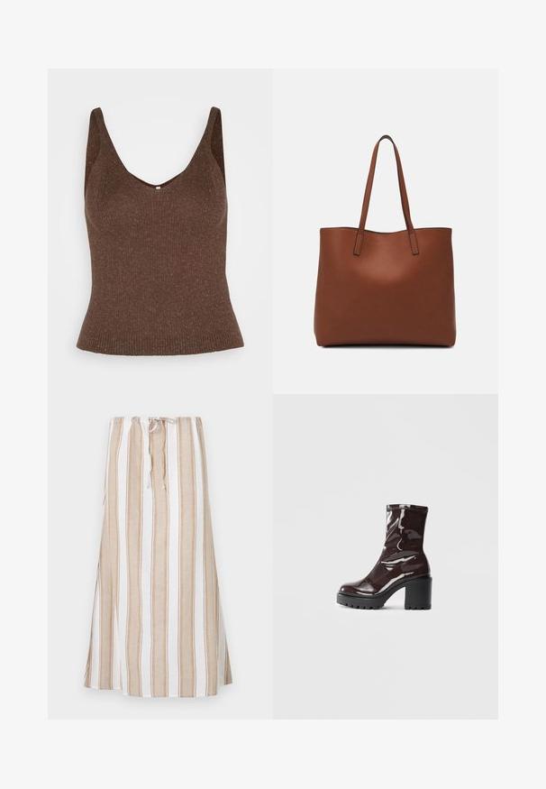 ONLY ONLLINA - Top - chocolate brown; Prúžkovaná sukňa v bielej a svetlo hnedej farbe s pásom na sťahovanie a dlhým, voľným strihom. Vyrobená z ľahkej tkaniny s uvoľneným strihom.; Lesklé burgundské kotníkové boty s robustním černým podpatkem, s hladkou strukturou a jednoduchým designem. Bez viditelných zapínání nebo vzorů.; Hnedá kožená taška na rameno s hladkou textúrou, otvoreným vrchom a dvoma ramenými popruhmi. Má minimálne šitia a žiadne viditeľné kovania.