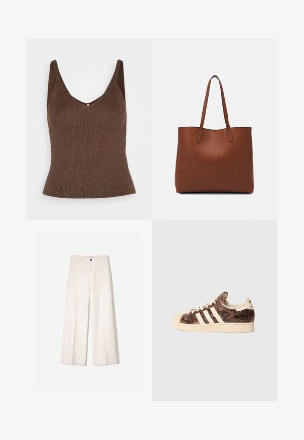 ONLY ONLLINA - Top - chocolate brown; Cremfarbene weitem Hosen mit maßgeschneidertem Design, ausgestattet mit zwei vorderen Taschen und einem vorderen Knopfverschluss, aus glattem Stoff gefertigt.; Braun-schlangenbedruckter Sneaker mit weißen Streifen und cremigen Akzenten. Verfügt über eine abgerundete Zehenpartie, eine strukturierte Oberfläche und ein weiches Innenfutter.; Braune Leder-Tote mit glatter Textur, offenem Oberteil und zwei Schulterriemen. Verfügt über minimale Nähte und keine sichtbaren Beschläge.