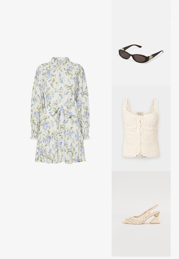 Creme hæklet top med bølgede kanter og firkantede motiver. Har justerbare stropper og knaplukning. Fremstillet af struktureret, letvægtsstof.; Blomsterkjole i hvid med blå og grønne blomster, med krave, knaplukning foran, lange ærmer med elastiske manchetter og et bånd i taljen.; Beige slingback sko med perforeret overdel, spids tå og en kontrasterende trekantet hæl med en guldfarvet detalje. Glat tekstur generelt.; Skildpaddemønster solbriller med aflange ovale linser, brun farve, guldlogo accenter på stængerne og slanke sorte arme.; Beige mønsteret taske med en buet form, læderdetaljer og et guldtonet logo på fronten. Har et kort håndtag for nem bæring.; Perle- og krystalhalskæde med et rundt, perlekantet design i lyse nuancer, der præsenterer skiftevis perler og glitrende detaljer, båret om halsen.