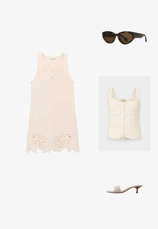 Creme hæklet top med bølgede kanter og firkantede motiver. Har justerbare stropper og knaplukning. Fremstillet af struktureret, letvægtsstof.; Cremefarvet udenærmet kjole med blomsterudskæringsdesign ved brystet og bølgekant. Lavet af letvægtsstof med en glat tekstur.; Hæl-løs sandal med en beige vævet stofoverdel, åben tå og buet træsål. Designet har en glat tekstur og minimalistisk form.; Skildpadde øjenkat solbriller med brune linser, der har glatte, blanke plastrammer og et slankt design. Ingen synlige logoer eller accenter.; Grøn læderhåndtaske med struktureret form, guld hardware, et top-håndtag og en aftagelig kædetræk. Tekstureret overflade med klaplukning.; Hårklips med hvid base, gyldne detaljer og seks perle-lignende dekorationer. Har buede, bølgede tænder for sikker greb.