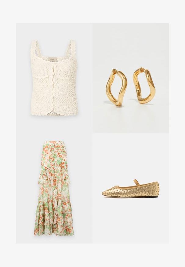 Cremfarbener Häkeloberteil mit gewellten Kanten und quadratischen Motiven. Verfügt über verstellbare Träger und einen Knopfverschluss. Hergestellt aus strukturiertem, leichtem Stoff.; Maxikleid mit Blumenmuster, das einen cremefarbenen Hintergrund, orangefarbene und grüne Blumenprints, gerüschte Lagen und ein tailliertes Design aufweist.; Loeffler Randall LEONIE SOFT BALLET FLAT - Riemchenballerina - gold; Goldfarbene Creolen mit einer kurvenreichen, unregelmäßigen Form und einer glatten, polierten Oberfläche. Keine sichtbaren Beschläge oder Accents.