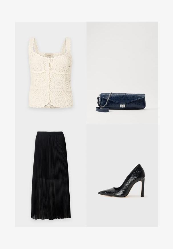 Kreminė nėrinių viršutinė dalis su banguotais kraštais ir kvadratiniais motyvais. Savybės: reguliuojamos petnešėlės ir mygtukų uždarymas. Pagaminta iš tekstūruoto, lengvo audinio.; Juoda plisėta midi sijonas su lygiu, elastingu juosmeniu ir permatomu užklotu, turintis smulkius vertikalius plišius per visą audinį.; Juoda smailiakulnė aukšto kulno bateliai su krokodilo odos tekstūra, pasižymintys elegantišku dizainu, aukštu stiletu kulnu ir lygia juoda vidine dalimi.; Tamsiai mėlynas odinis rankinukas su krokodilo raštu, sidabro spalvos grandinėlė ir metalinis užsegimas. Stačiakampio formos, užlenkiamas dizainas.