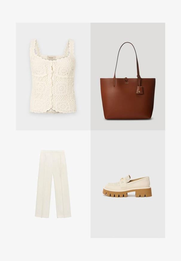 Creme hæklet top med bølgede kanter og firkantede motiver. Har justerbare stropper og knaplukning. Fremstillet af struktureret, letvægtsstof.; Bredbenede bukser i en lys cremefarve. Fremstillet af et glat stof med plisseringer foran og sidelommer.; Beige loafers med et struktureret cremestribe, der har en kraftig brun sål med tænder-lignende mønstre. Guld accent på spænde detaljen.; Brun pebret læder tote taske med to håndtag, et lille vedhæftet mærke og et diskret logo på forsiden. Glat tekstur med struktureret form.