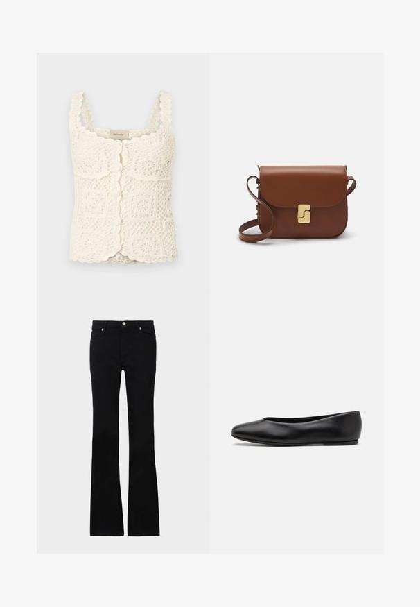 Cream crochet top with scalloped edges and square motifs. Features adjustable straps and button closure. Made of textured, lightweight fabric.; Black flared jeans made of denim, featuring two front pockets, a button closure, and a smooth texture. Signature stitching visible at seams.; Paul Smith TOPANGA - Ballet pumps - black; Brown leather handbag with a flap closure, gold-tone hardware, a shoulder strap, and a smooth texture. Compact rectangular shape.